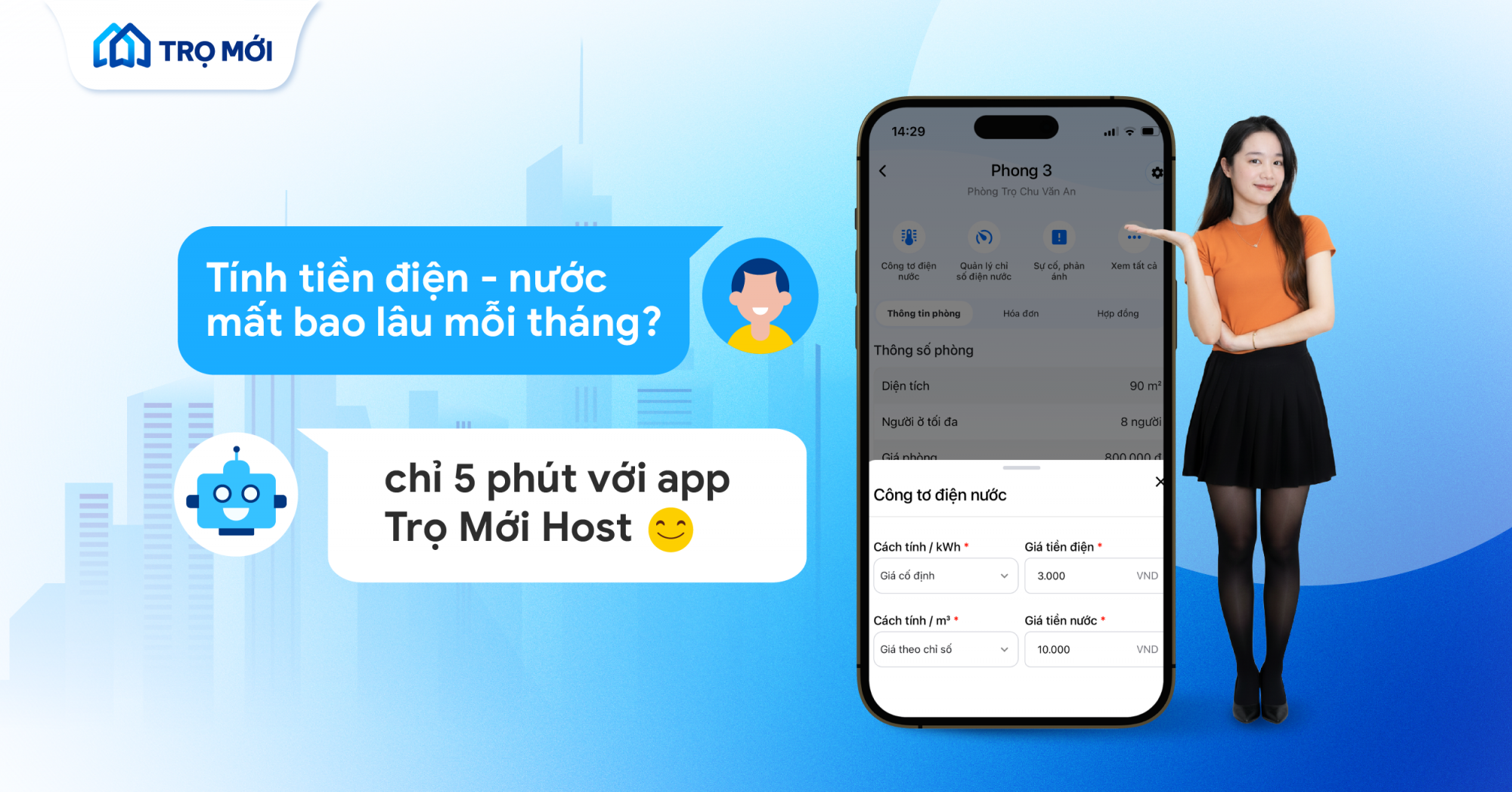 Giải pháp 5 phút tính tiền điện nước với Tính năng Quản lý Chỉ số điện nước của App Trọ Mới Host