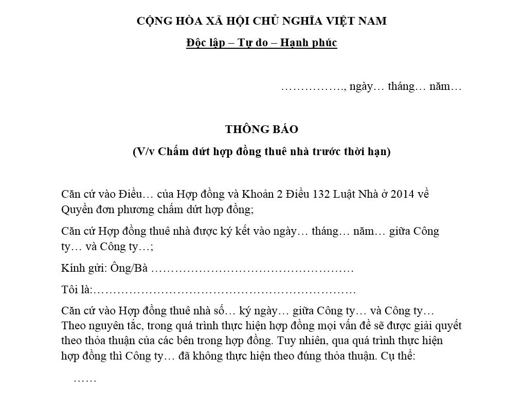 Mẫu thông báo chấm dứt hợp đồng thuê nhà trước thời hạn 2026